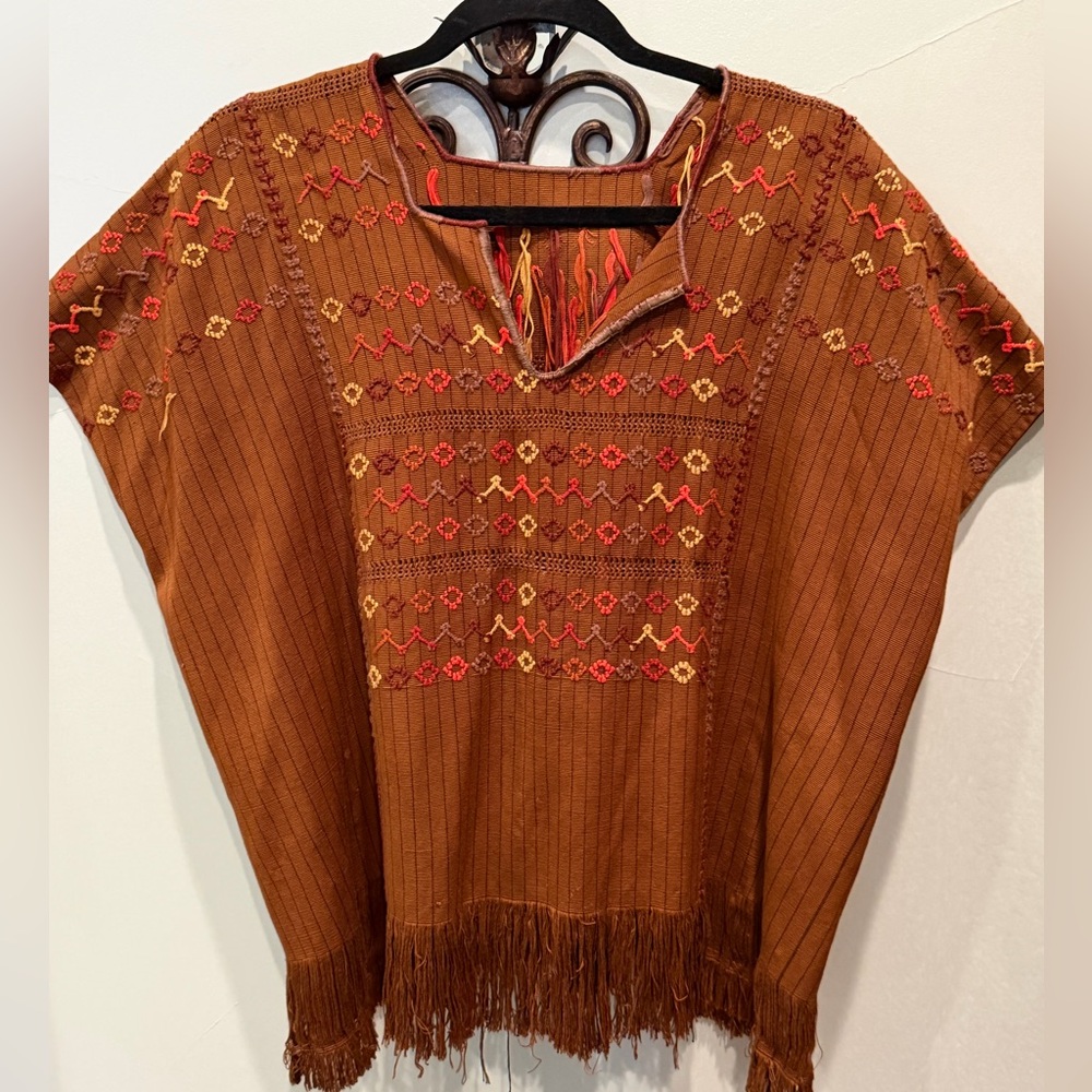 Boho Fringe Embroidered Rust Women’s Top